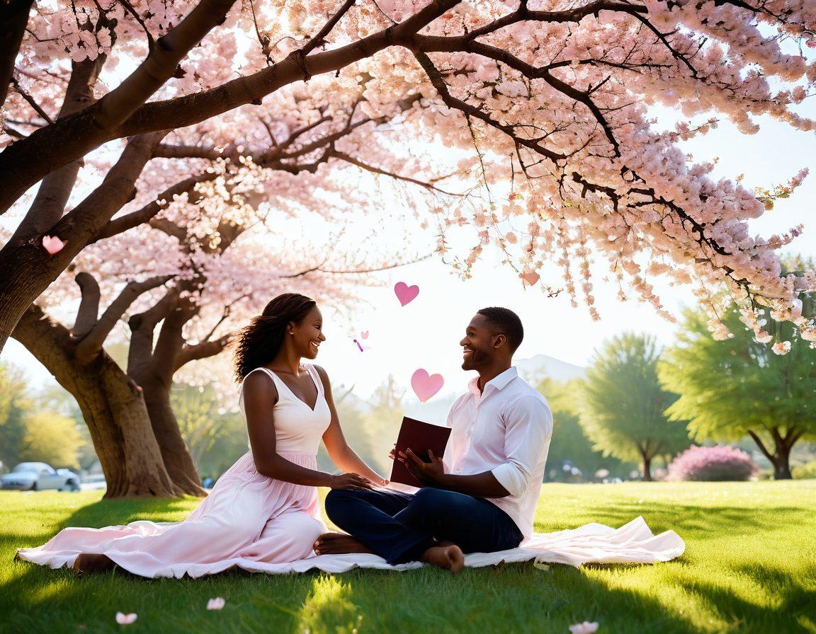 A warm, inviting scene depicting a diverse couple sharing a joyful moment under a blooming cherry blossom tree, surrounded by floating hearts symbolizing love and security. In the background, a subtle representation of life insurance documents and a shield shape, indicating protection and trust. Soft sunlight filtering through the branches, creating a serene ambiance. vibrant colors. super-realistic.