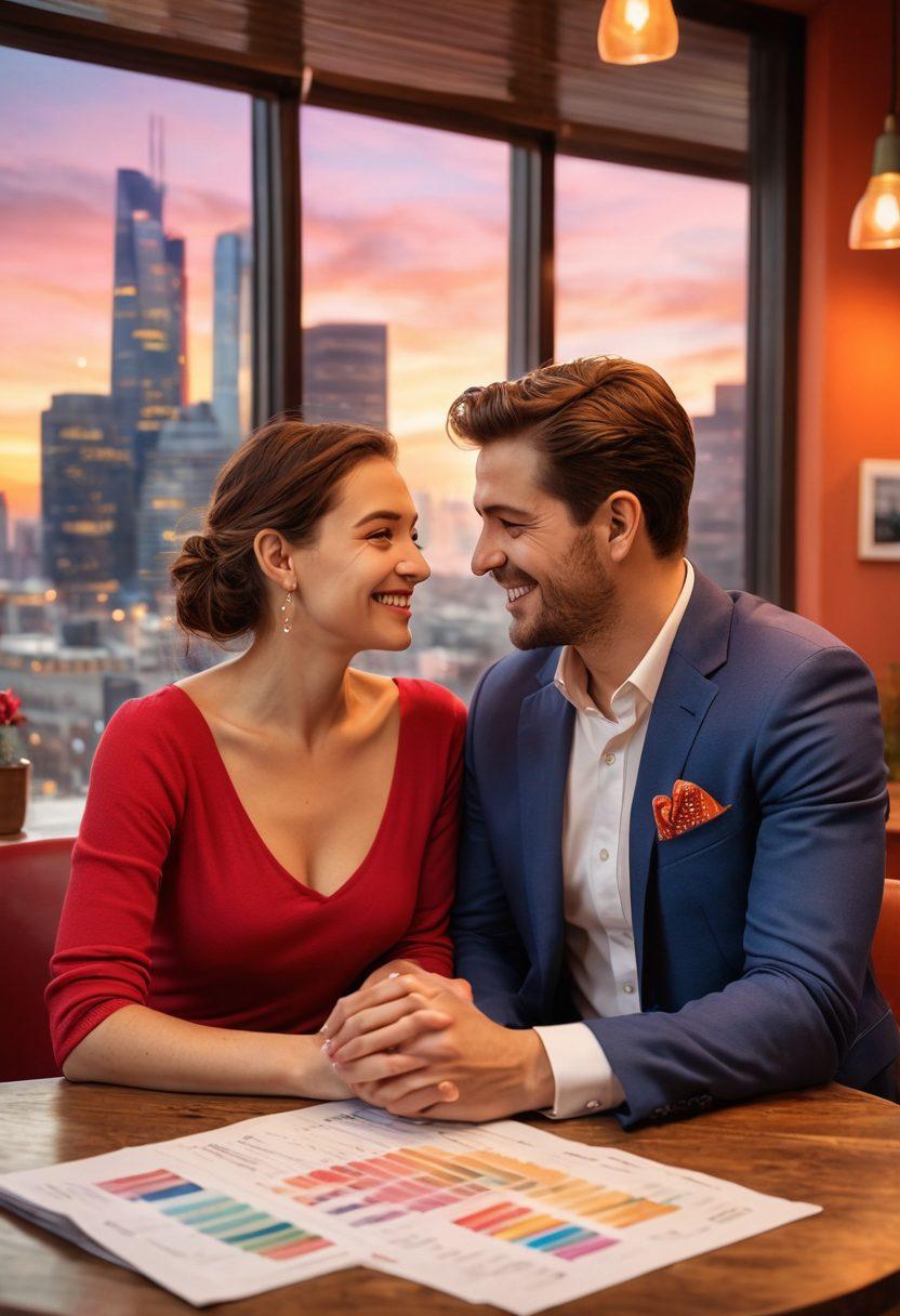 A romantic couple joyfully planning their future together at a cozy cafe, surrounded by insurance documents and graphs symbolizing financial security. Soft, warm lighting creates an intimate atmosphere, with a backdrop of a city skyline representing stability and growth. The couple is smiling, holding hands, while a heart-shaped graph hovers above, merging themes of love and financial planning. This image captures the essence of intertwining romance with pragmatic insurance planning. super-realistic. vibrant colors. warm tones.
