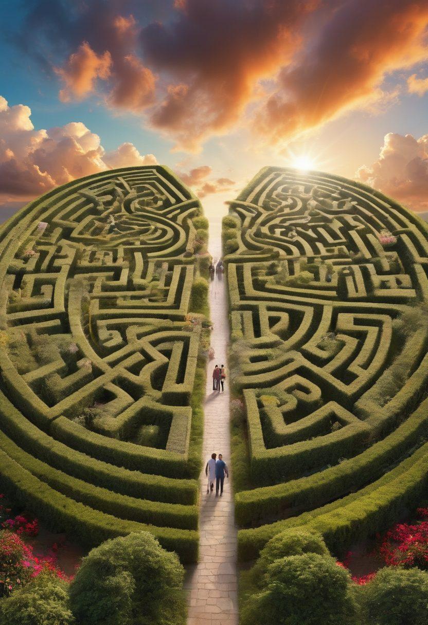 A complex maze made of various symbols representing love (like hearts) and financial protection (like safety shields and dollar signs). In the foreground, a couple working together, holding hands, looking determined as they navigate through the maze. The background features a bright sky with fluffy clouds to symbolize hope and guidance. The colors should be warm and inviting to evoke feelings of safety and love. vibrant colors. super-realistic.
